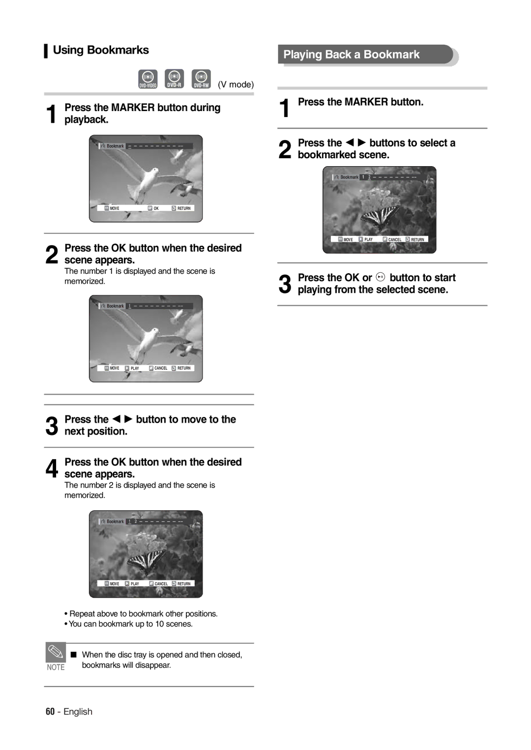 Hitachi DV-RX7000E instruction manual Using Bookmarks, Press the Marker button during playback 