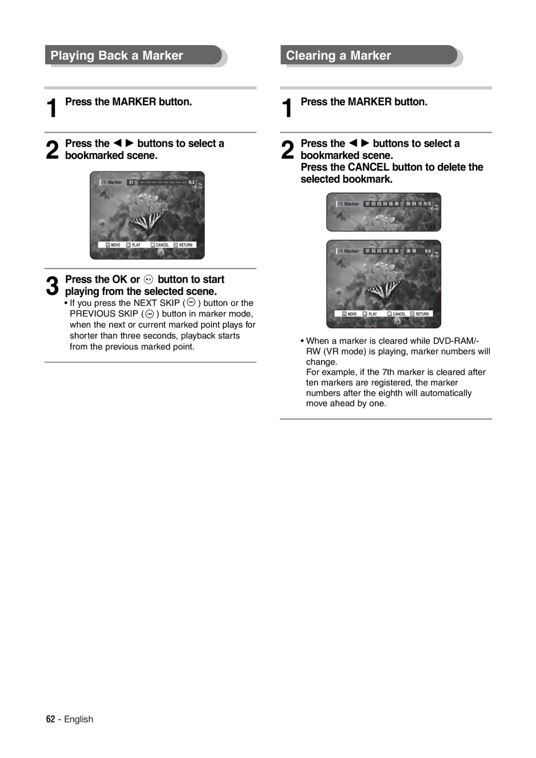 Hitachi DV-RX7000E instruction manual Playing Back a Marker, Clearing a Marker 