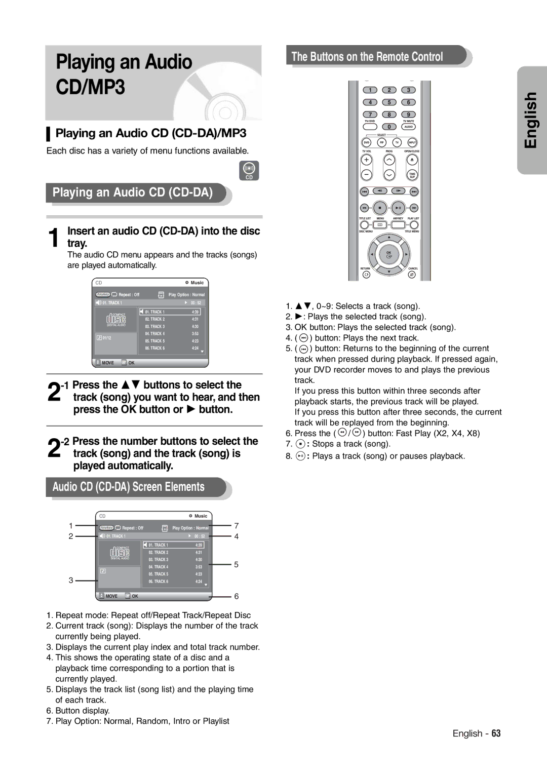 Hitachi DV-RX7000E Playing an Audio CD CD-DA, Audio CD CD-DA Screen Elements, Buttons on the Remote Control 