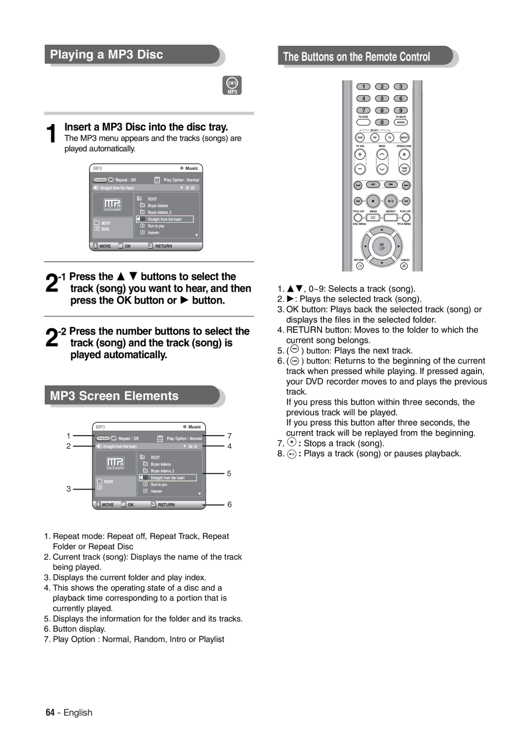 Hitachi DV-RX7000E instruction manual Playing a MP3 Disc, MP3 Screen Elements, Insert a MP3 Disc into the disc tray 