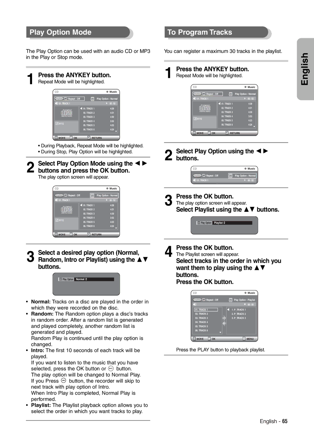 Hitachi DV-RX7000E instruction manual Play Option Mode To Program Tracks, Select Play Option using the 2 1 buttons 