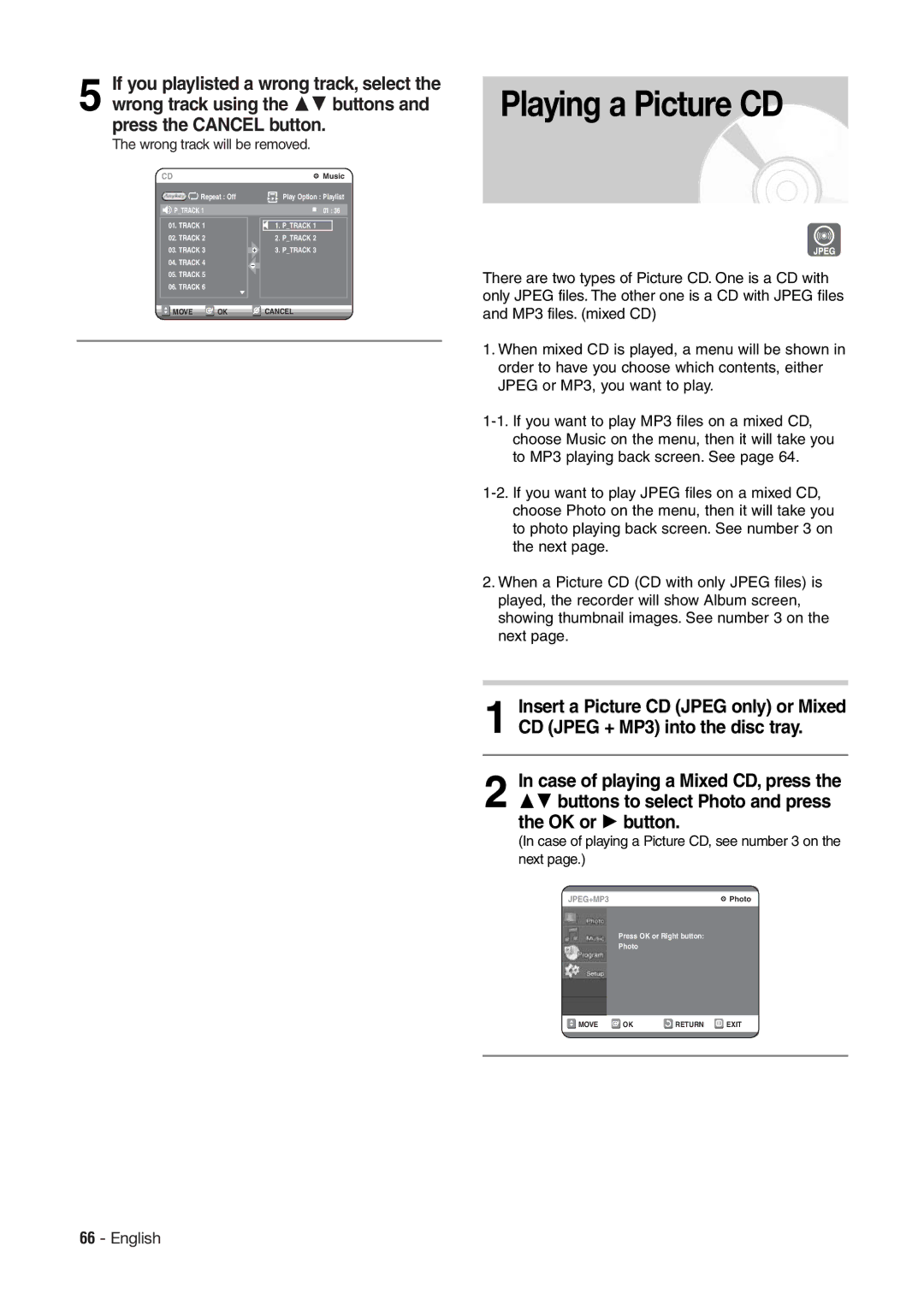 Hitachi DV-RX7000E Playing a Picture CD, OK or 1 button, Case of playing a Picture CD, see number 3 on Next 