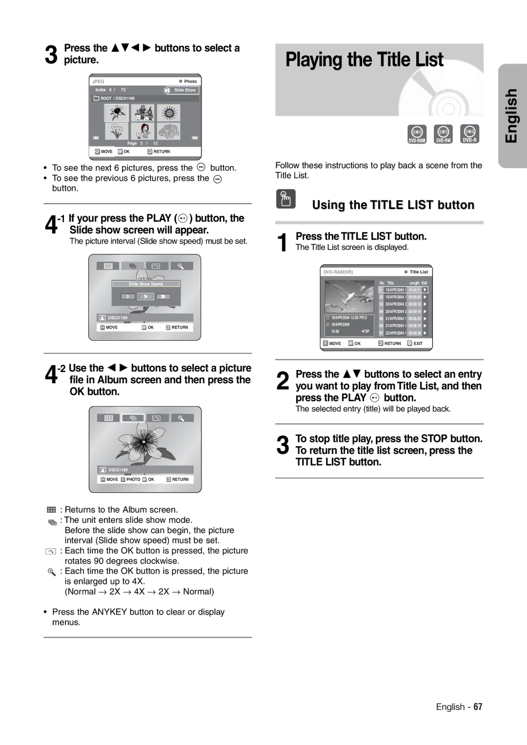 Hitachi DV-RX7000E Playing the Title List, Press the 342 1 buttons to select a picture, Press the Title List button 