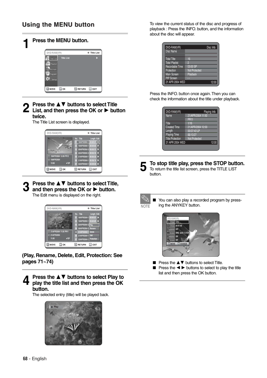 Hitachi DV-RX7000E To stop title play, press the Stop button, Play, Rename, Delete, Edit, Protection See pages 71~74 