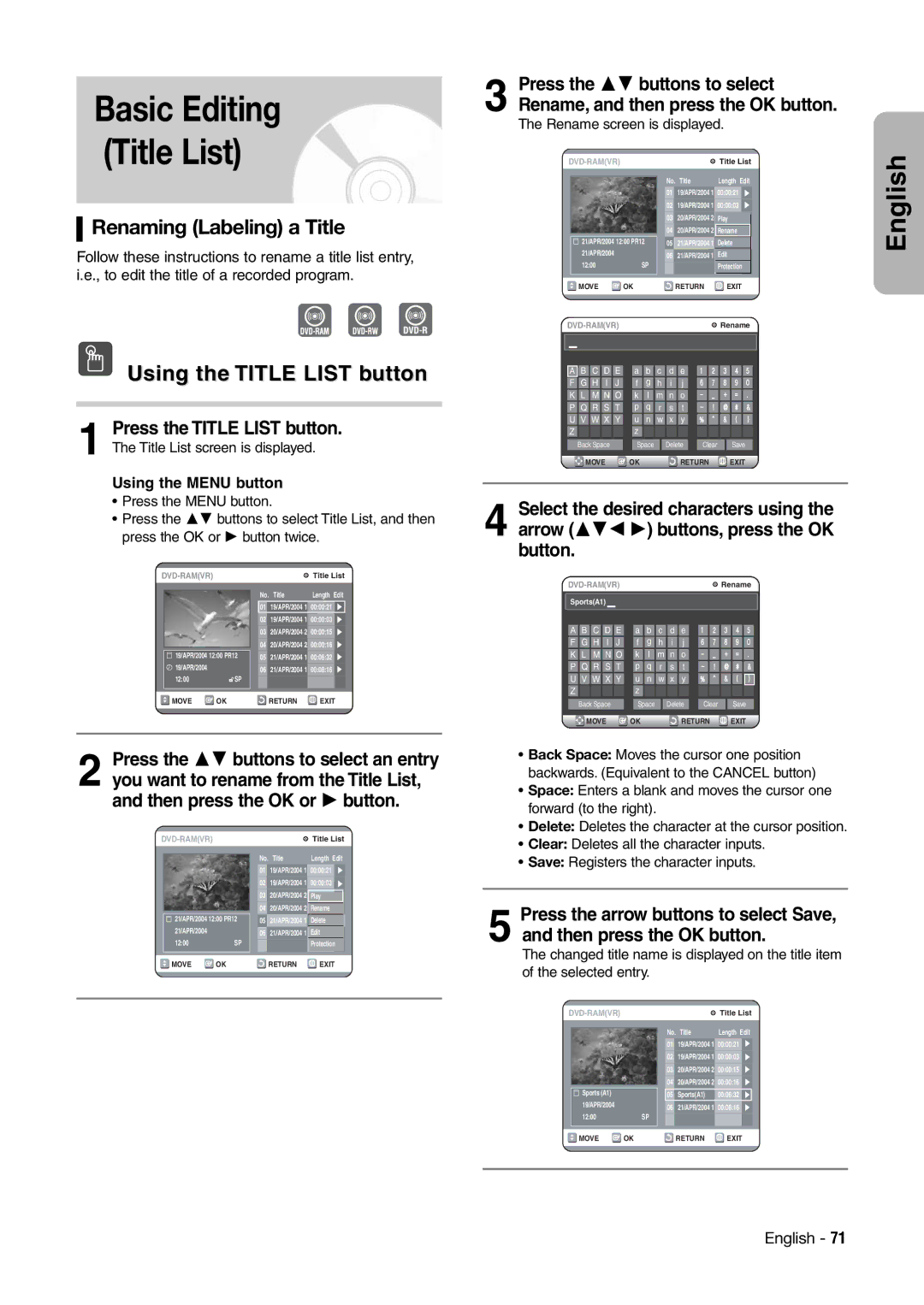 Hitachi DV-RX7000E instruction manual Basic Editing, Title List, Renaming Labeling a Title, Using the Menu button 