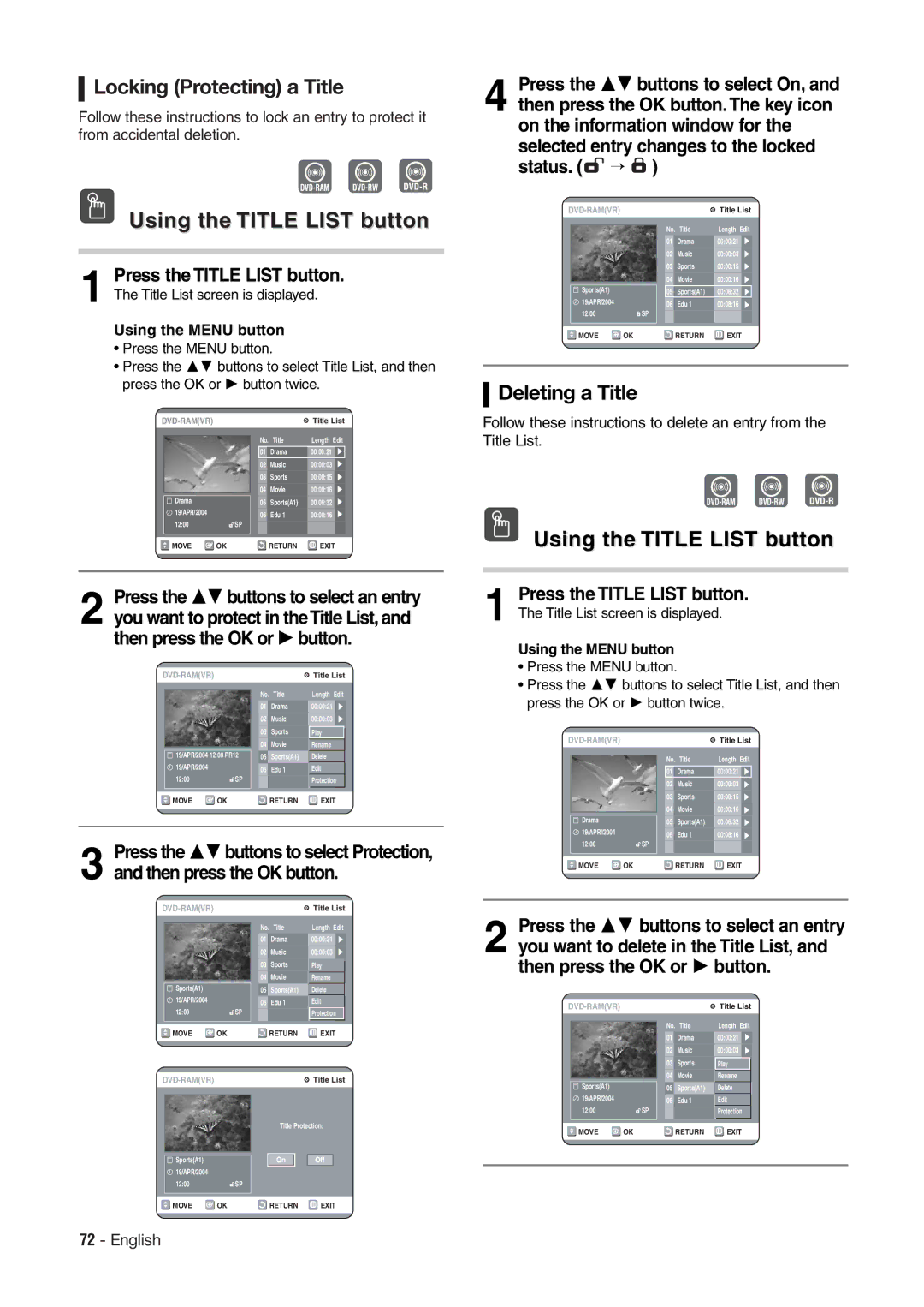 Hitachi DV-RX7000E instruction manual Locking Protecting a Title, Deleting a Title 