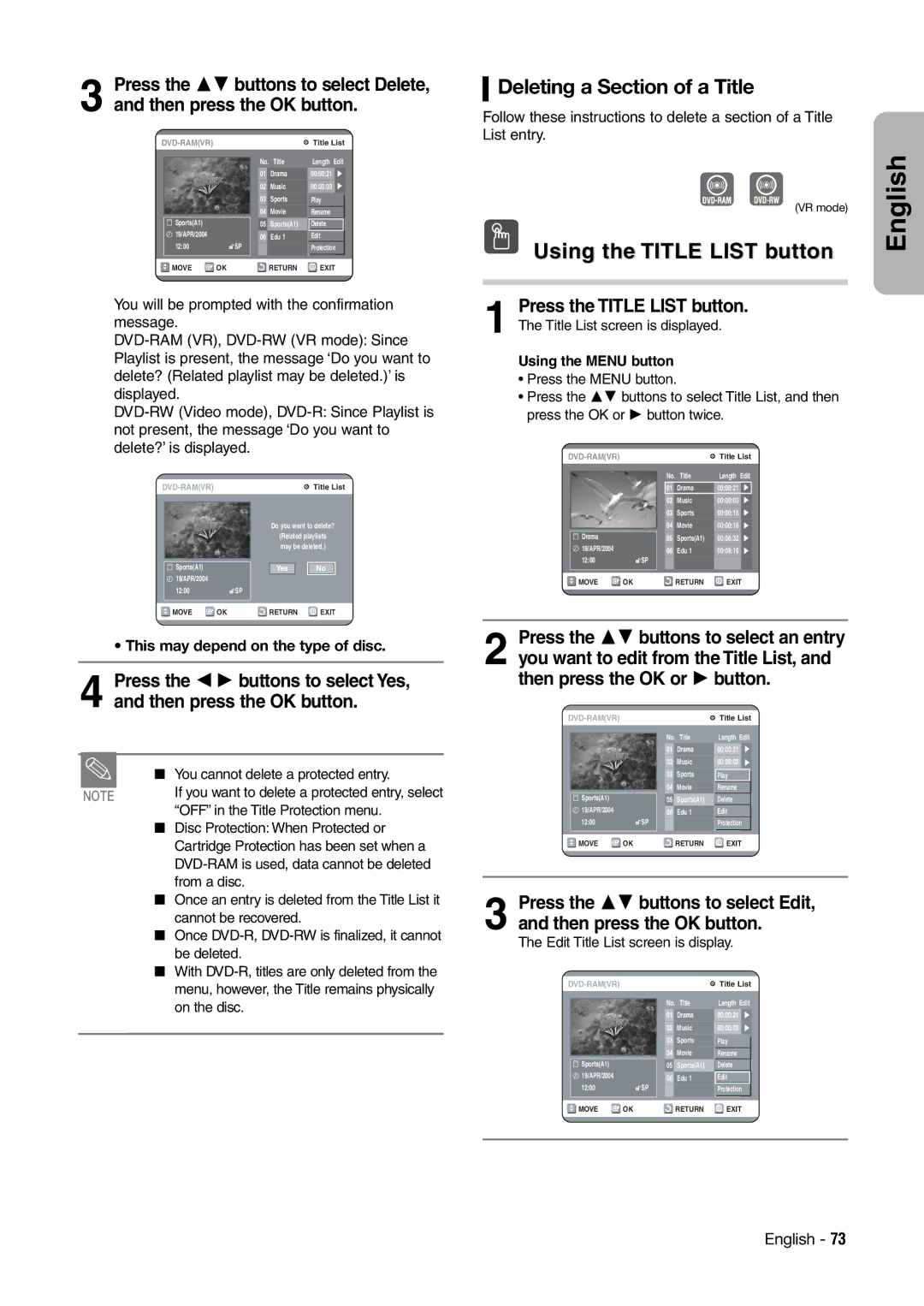 Hitachi DV-RX7000E instruction manual Deleting a Section of a Title 