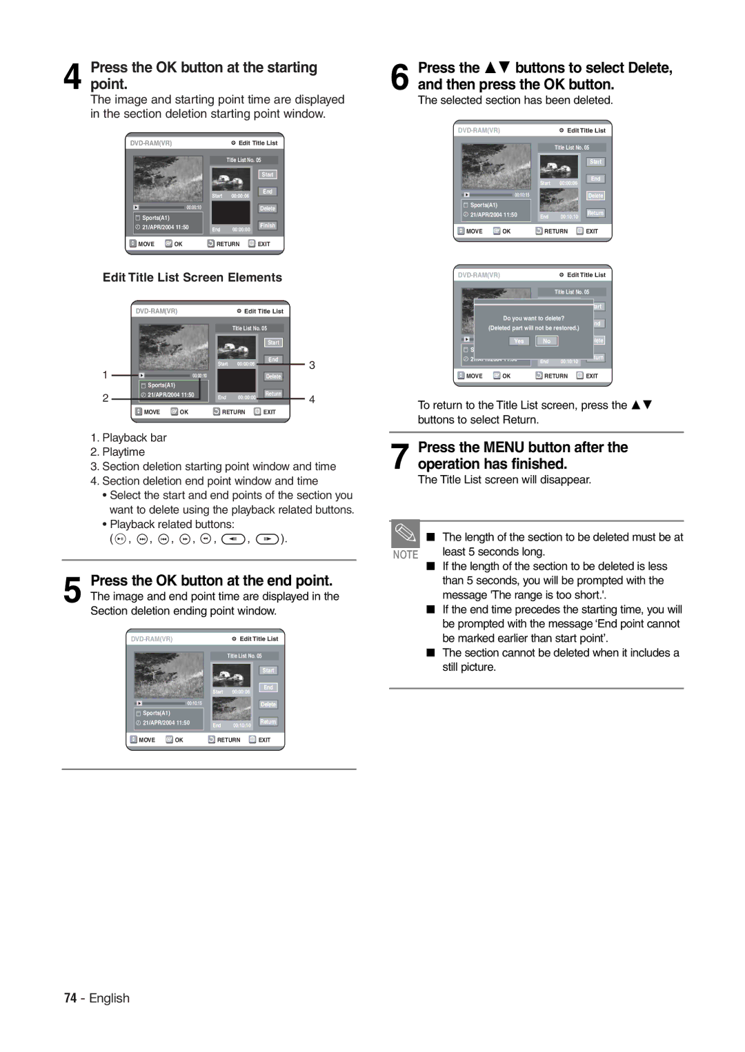 Hitachi DV-RX7000E Press the OK button at the end point, Press the Menu button after the operation has finished 