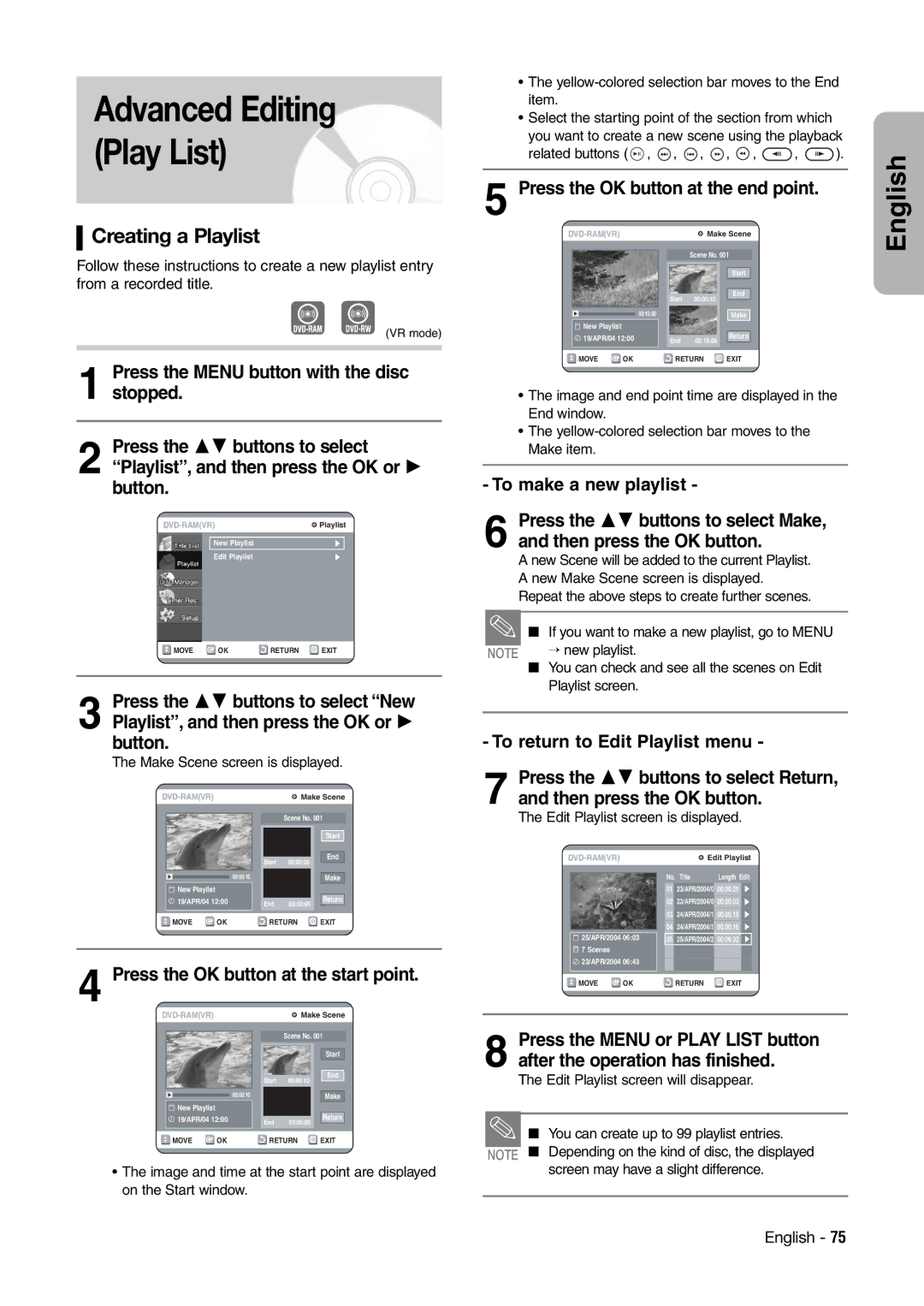 Hitachi DV-RX7000E Advanced Editing Play List, Creating a Playlist, Press the OK button at the start point 