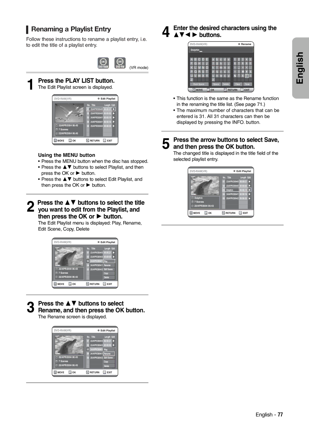 Hitachi DV-RX7000E instruction manual Renaming a Playlist Entry, Enter the desired characters using 342 1 buttons 