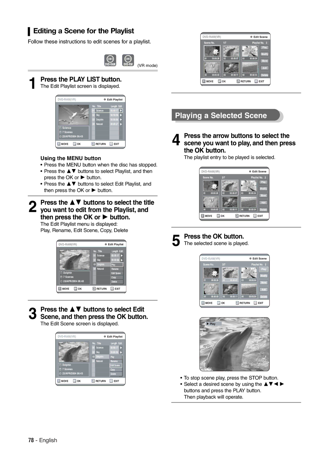 Hitachi DV-RX7000E instruction manual Playing a Selected Scene, Editing a Scene for the Playlist 