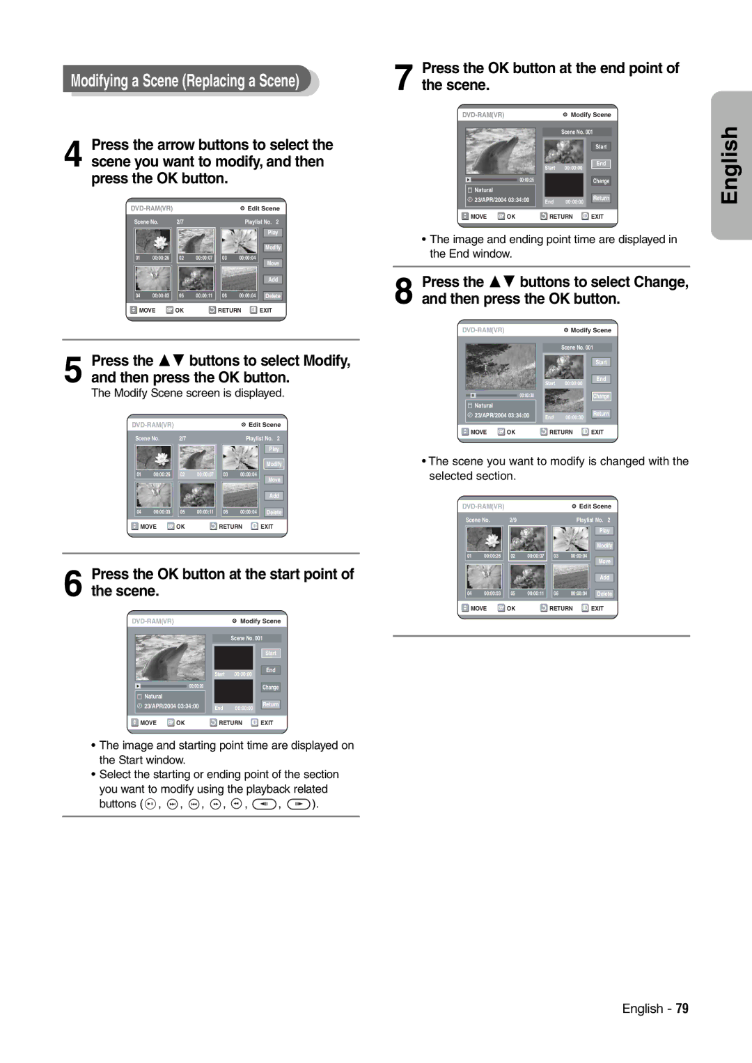 Hitachi DV-RX7000E Press the OK button at the start point of the scene, Press the OK button at the end point of the scene 