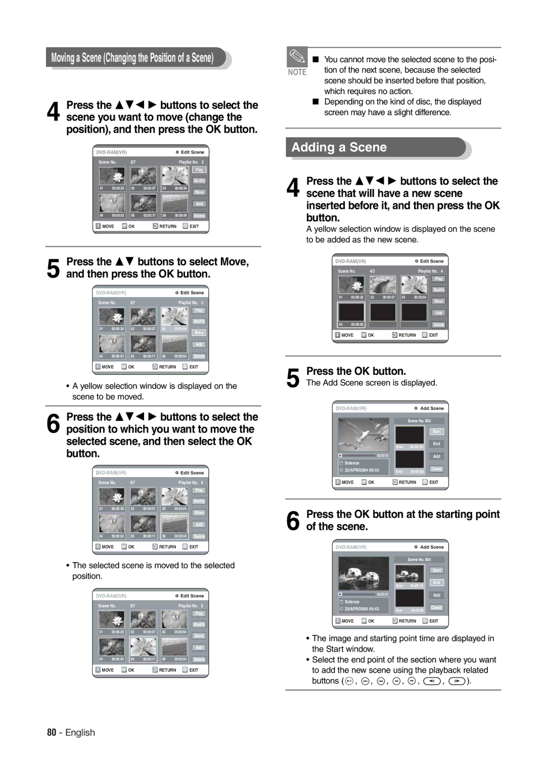 Hitachi DV-RX7000E instruction manual Adding a Scene, Press the OK button at the starting point of the scene 