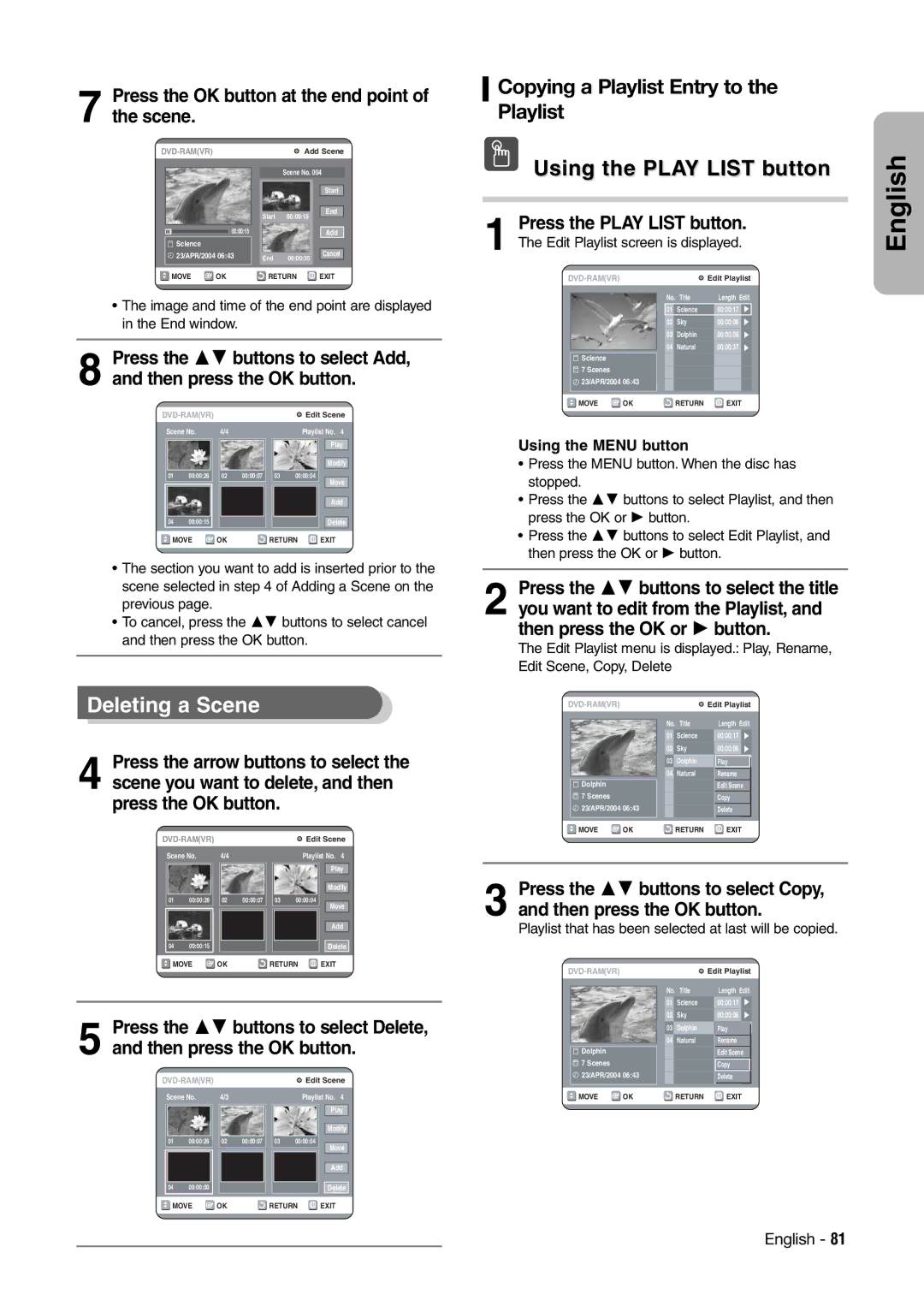 Hitachi DV-RX7000E instruction manual Deleting a Scene, Copying a Playlist Entry to the Playlist 