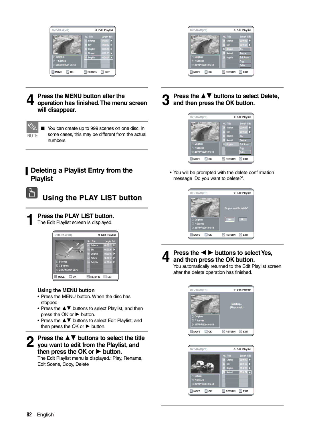 Hitachi DV-RX7000E instruction manual Deleting a Playlist Entry from the Playlist, Numbers 