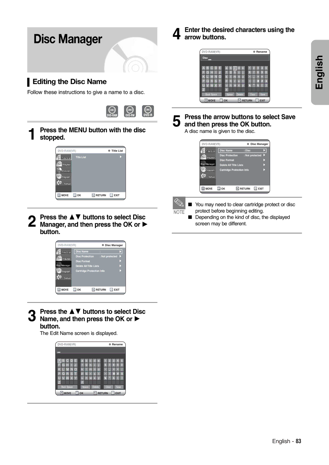 Hitachi DV-RX7000E instruction manual Disc Manager, Editing the Disc Name, Press the Menu button with the disc stopped 