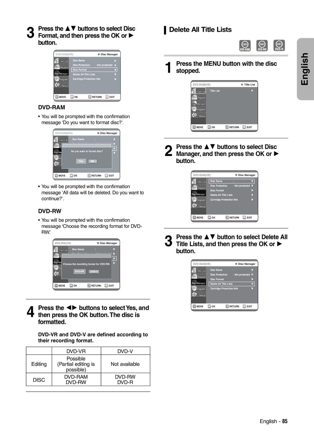 Hitachi DV-RX7000E instruction manual Delete All Title Lists, Possible Editing Partial editing is Not available 