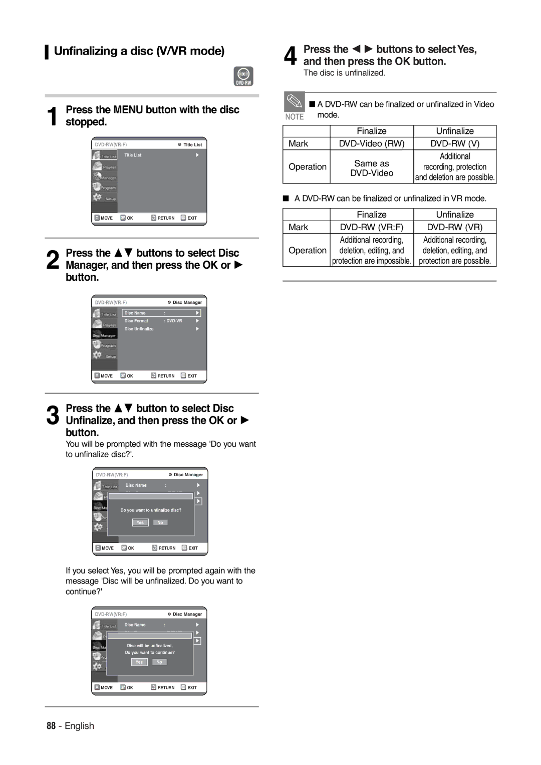 Hitachi DV-RX7000E instruction manual Unfinalizing a disc V/VR mode, Same as, Operation, DVD-Video 