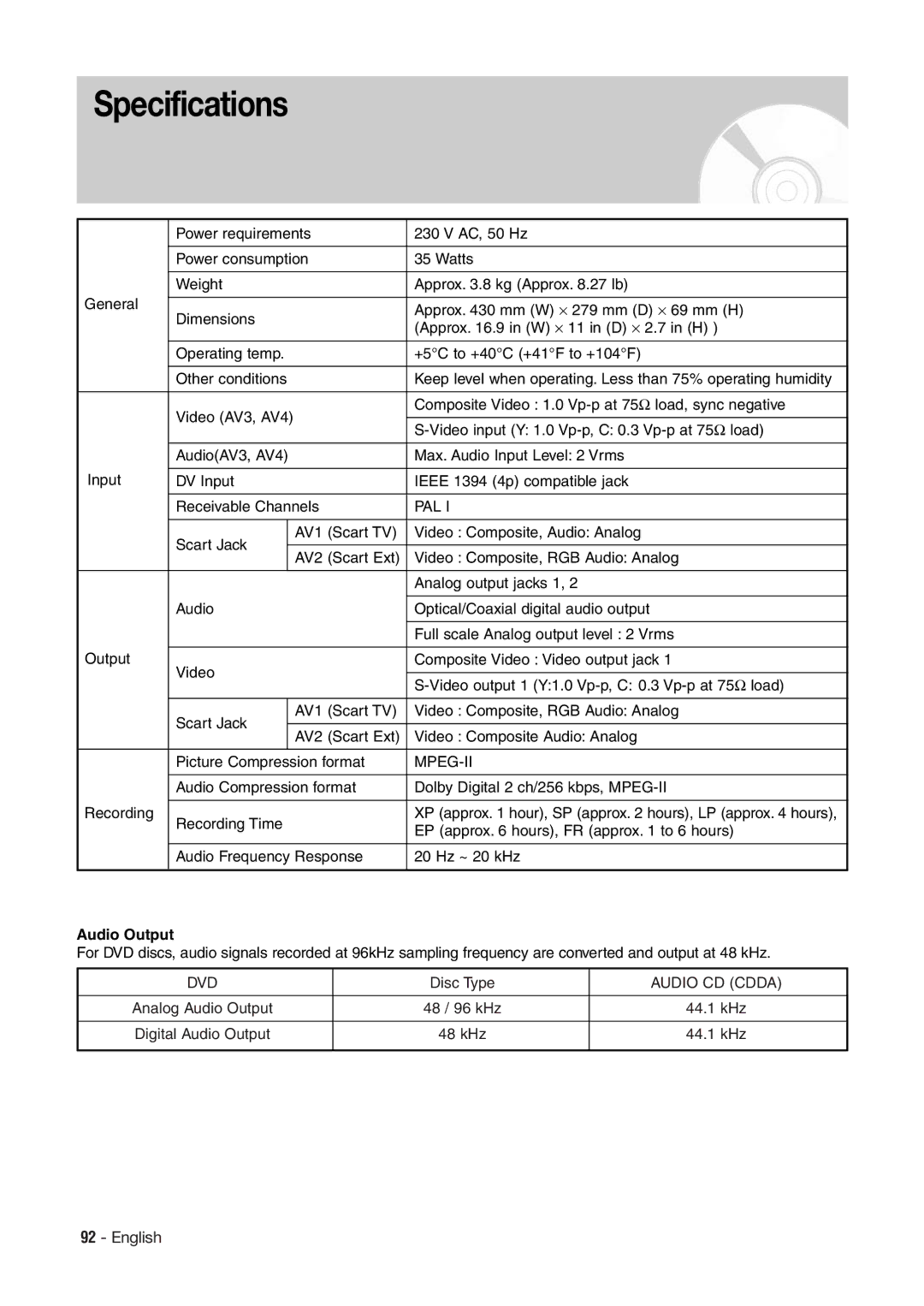 Hitachi DV-RX7000E instruction manual Specifications, Audio Output 