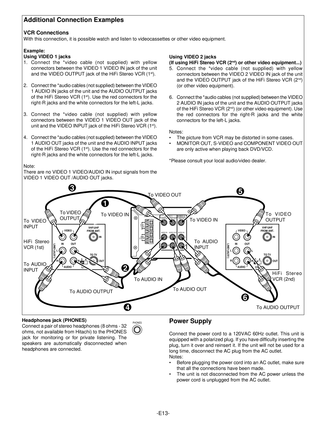 Hitachi DV-S522U instruction manual Additional Connection Examples, VCR Connections, Output, Input 