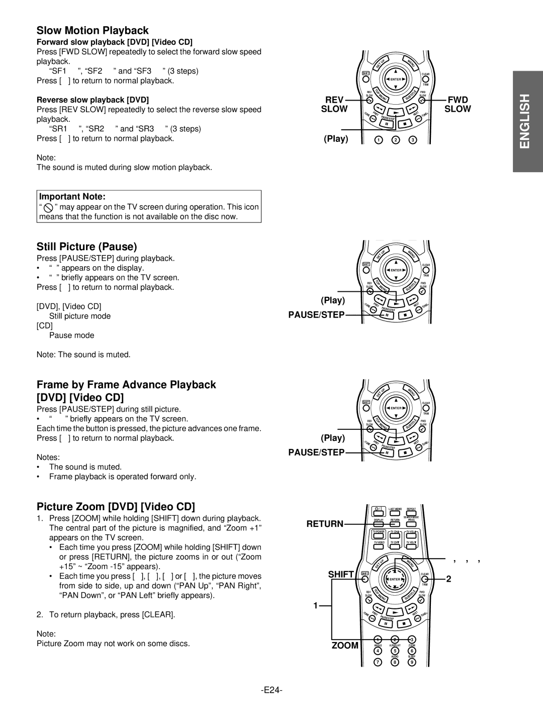 Hitachi DV-S522U instruction manual Slow Motion Playback, Still Picture Pause, Frame by Frame Advance Playback DVD Video CD 