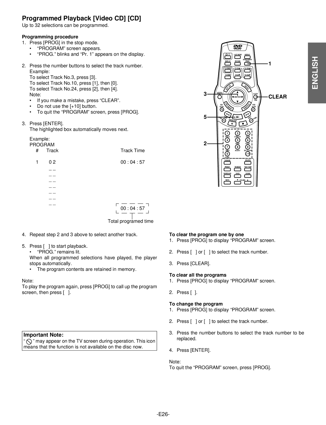 Hitachi DV-S522U instruction manual Programmed Playback Video CD CD, Programming procedure, To clear the program one by one 