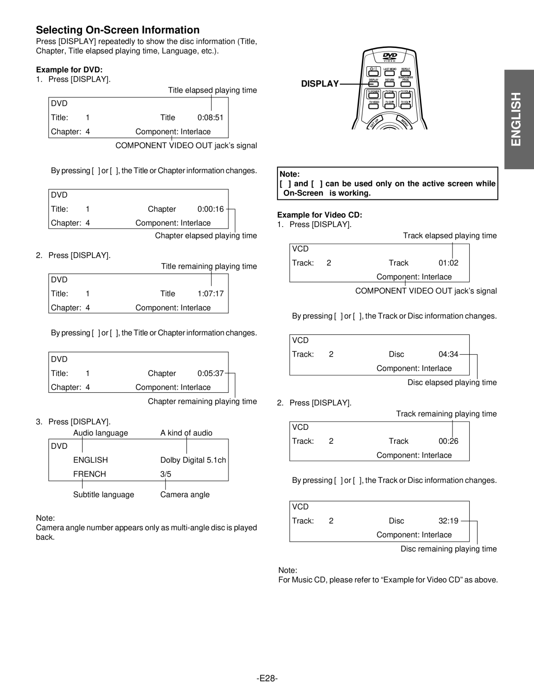 Hitachi DV-S522U instruction manual Selecting On-Screen Information, Display, Example for DVD 