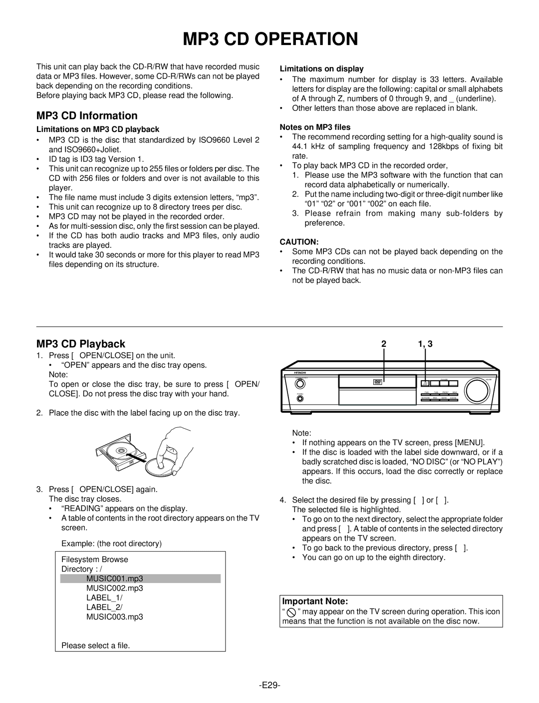 Hitachi DV-S522U instruction manual MP3 CD Operation, MP3 CD Information, MP3 CD Playback, Limitations on MP3 CD playback 