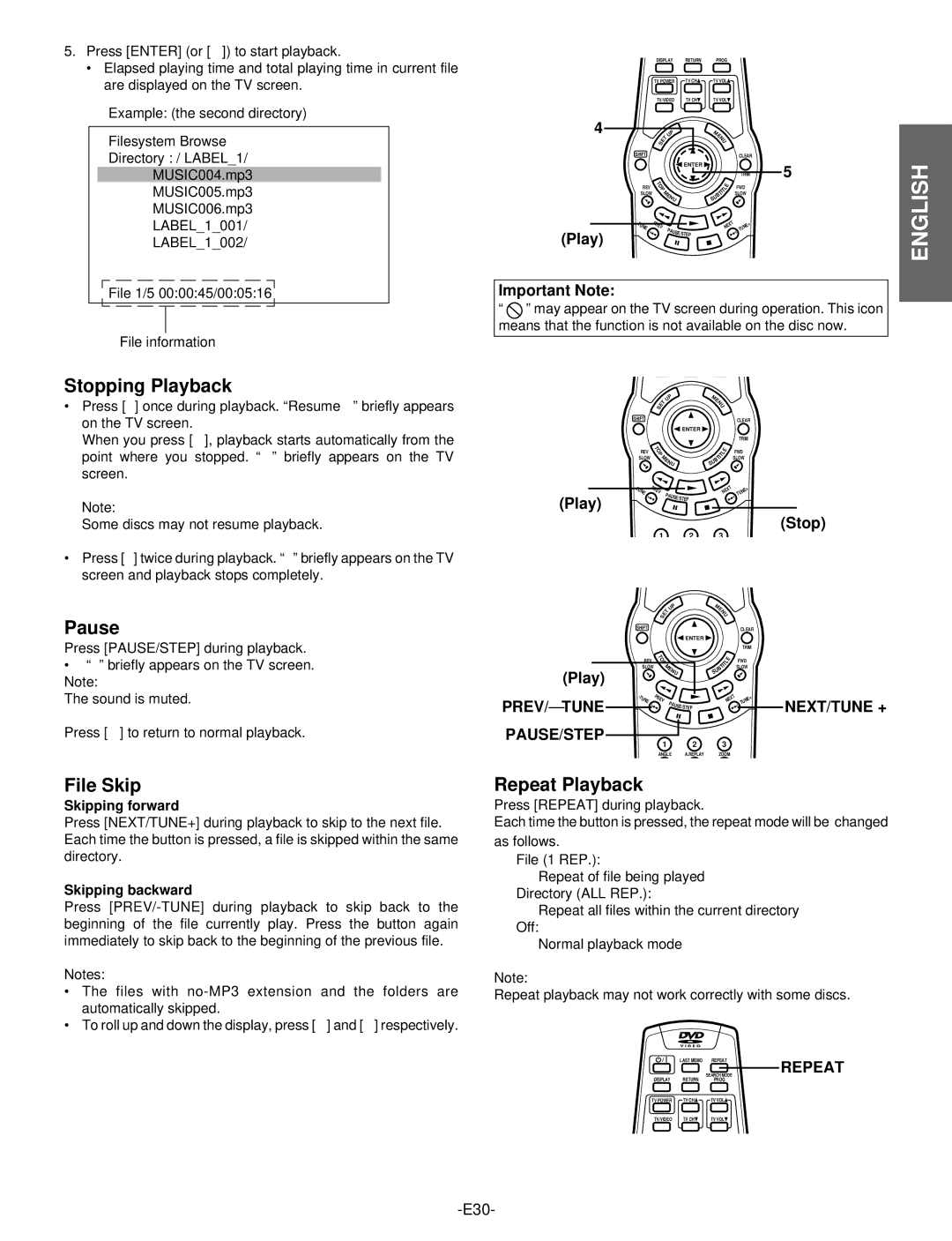 Hitachi DV-S522U instruction manual Pause, File Skip, PREV/- Tune PAUSE/STEP 