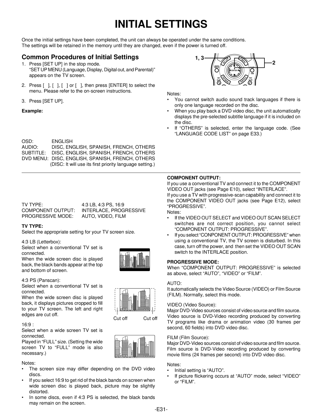 Hitachi DV-S522U instruction manual Common Procedures of Initial Settings, TV Type, Component Output, Progressive Mode 