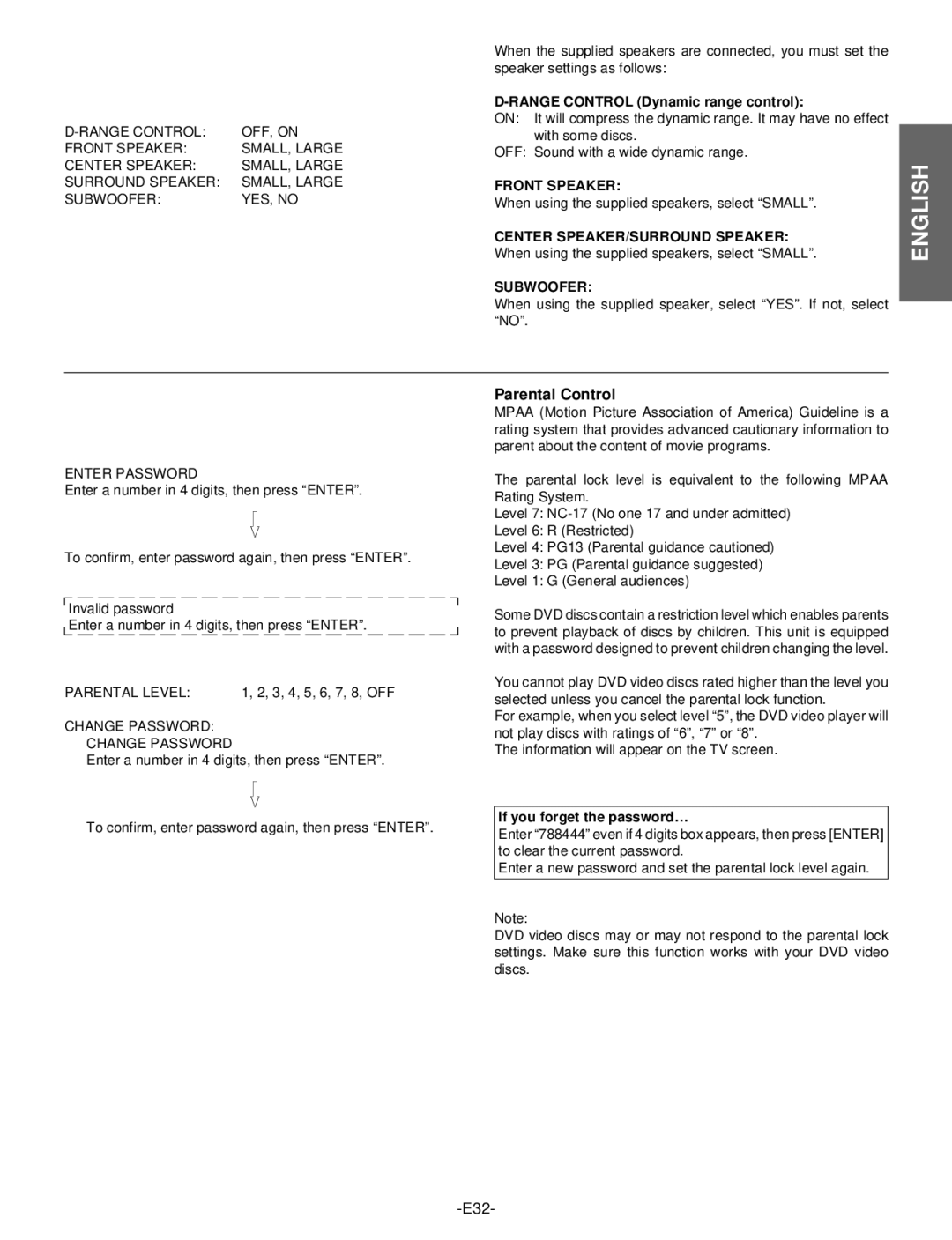 Hitachi DV-S522U instruction manual Parental Control, Range Control Dynamic range control, Front Speaker, Subwoofer 