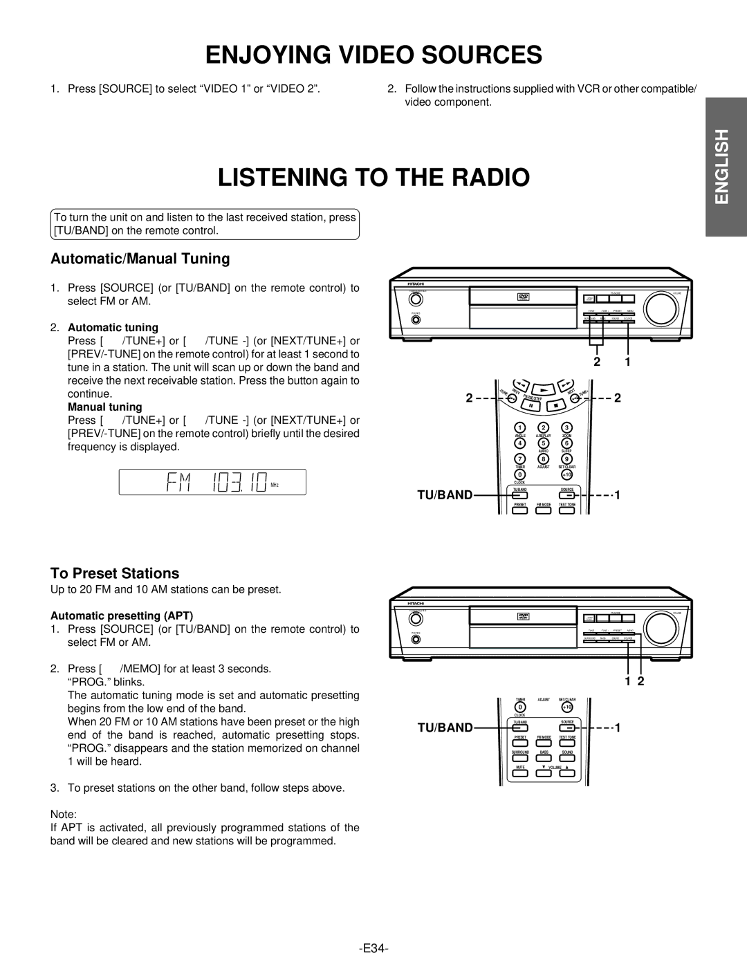 Hitachi DV-S522U Enjoying Video Sources, Listening to the Radio, Automatic/Manual Tuning, To Preset Stations 