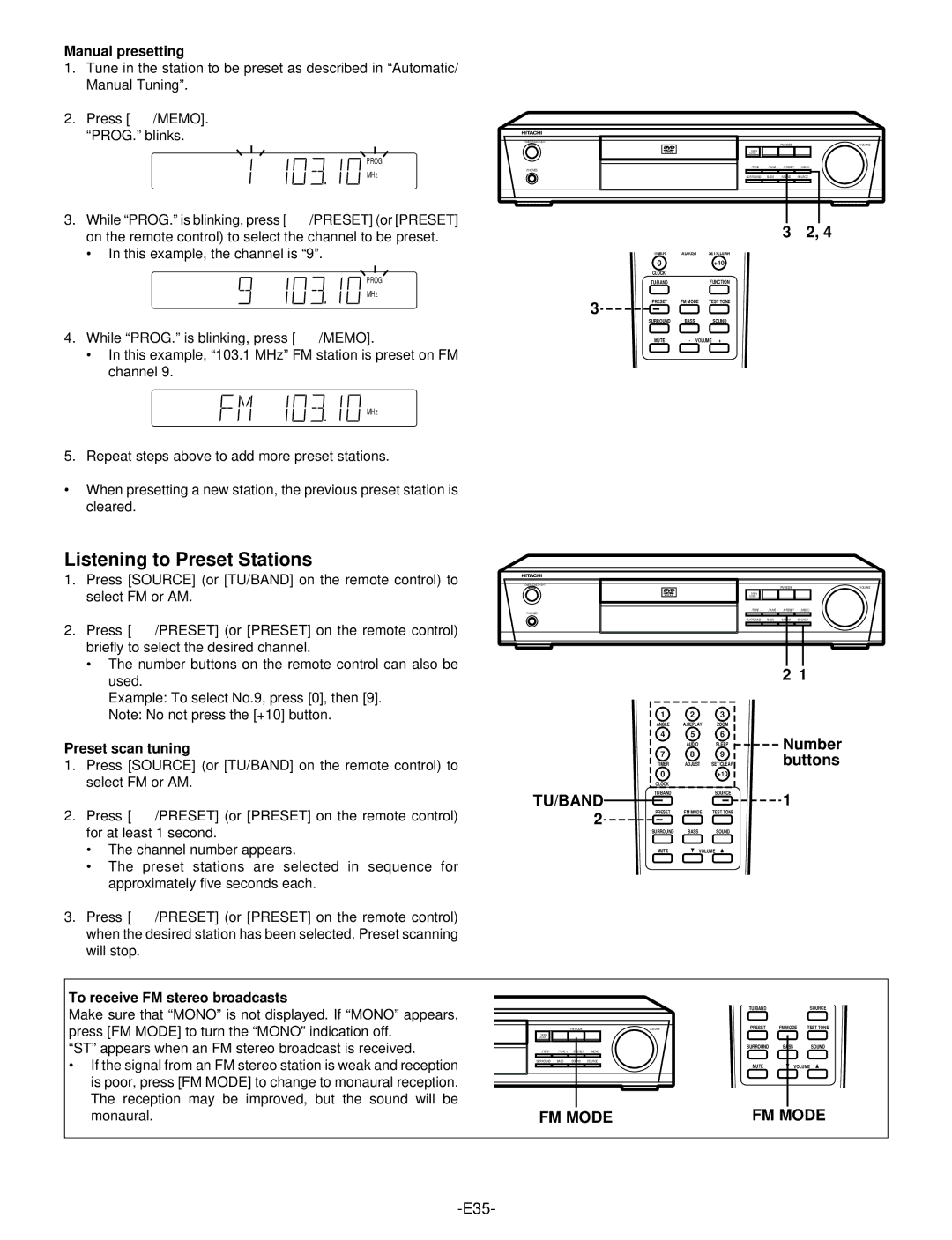 Hitachi DV-S522U instruction manual Listening to Preset Stations, Number, Buttons, FM Mode 