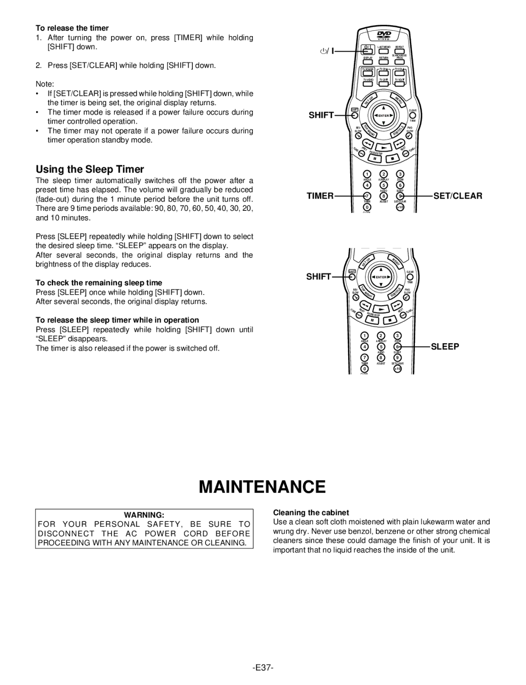 Hitachi DV-S522U instruction manual Maintenance, Using the Sleep Timer 