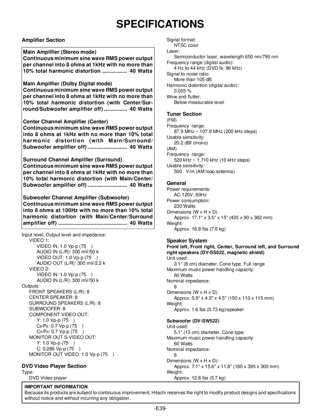 Hitachi DV-S522U instruction manual Specifications 