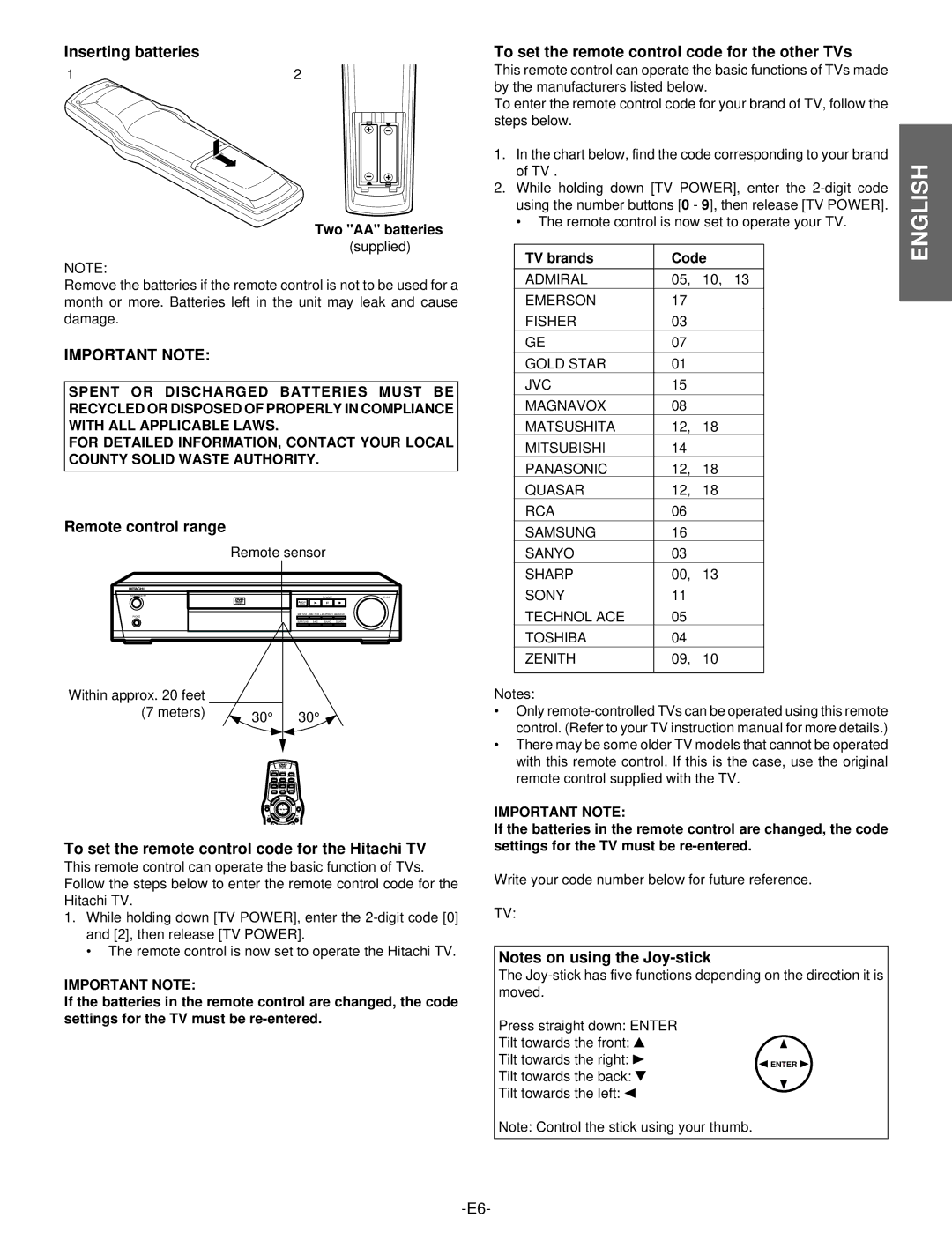 Hitachi DV-S522U instruction manual Inserting batteries, Important Note, Remote control range 