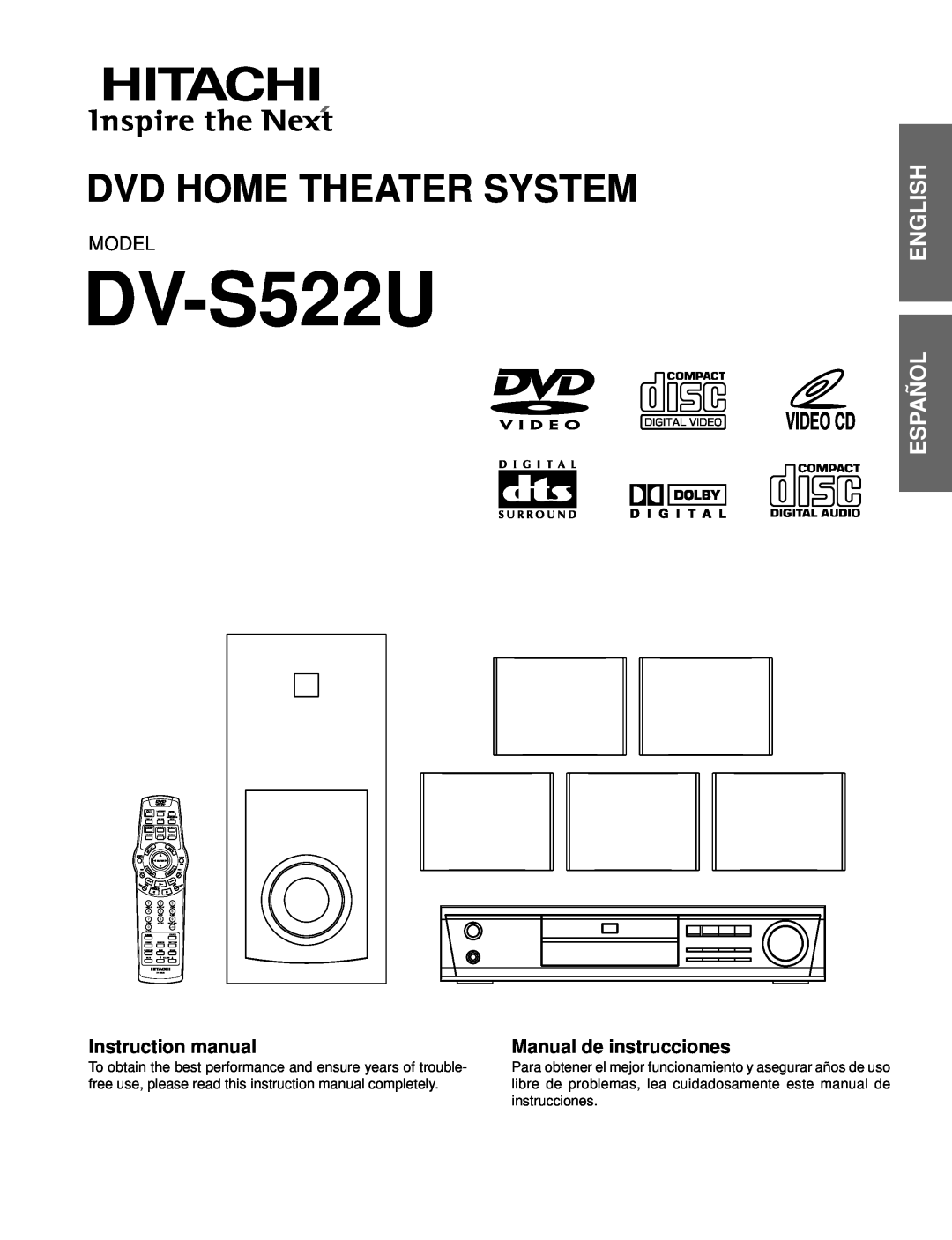 Hitachi DV-S522U instruction manual English Español, Model, Manual de instrucciones, Dvd Home Theater System 
