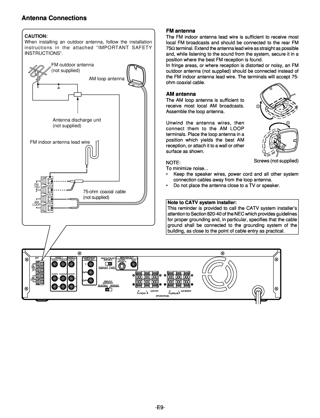 Hitachi DV-S522U instruction manual Antenna Connections, FM antenna, AM antenna, Note to CATV system installer 