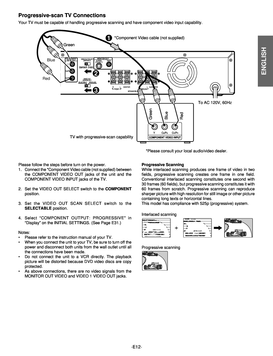 Hitachi DV-S522U instruction manual Progressive-scanTV Connections, English, Progressive Scanning 
