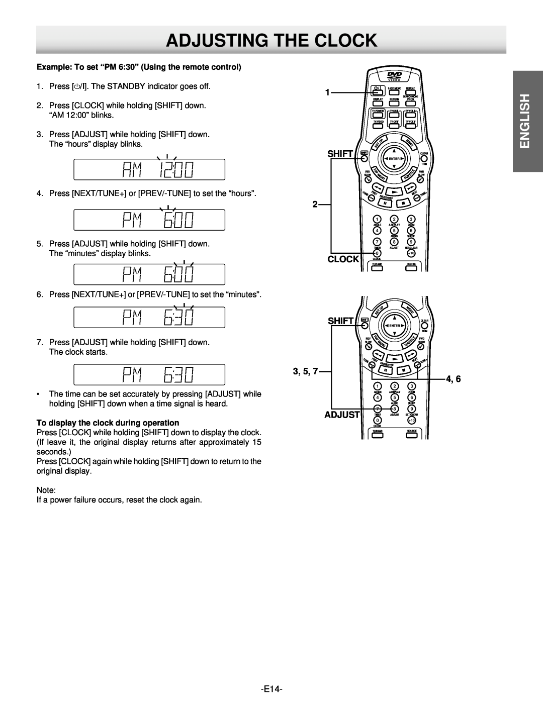 Hitachi DV-S522U instruction manual Adjusting The Clock, English, Shift, To display the clock during operation 
