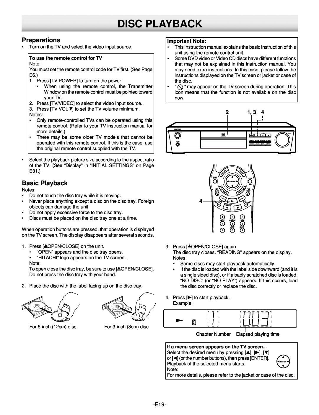 Hitachi DV-S522U instruction manual Disc Playback, Preparations, Basic Playback, To use the remote control for TV Note 