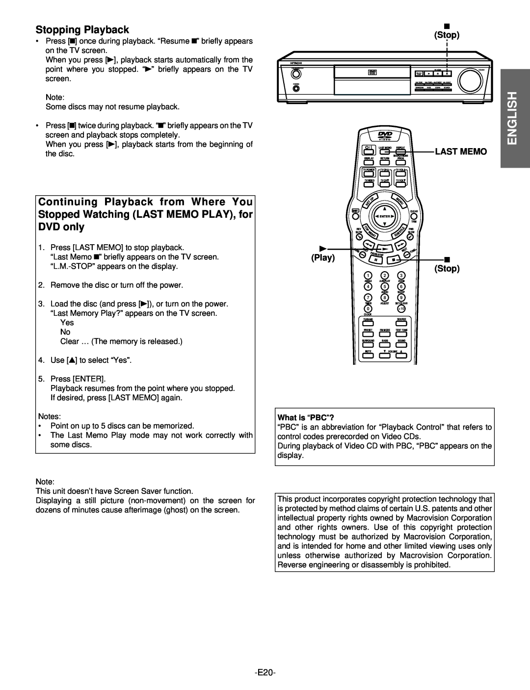 Hitachi DV-S522U instruction manual Stopping Playback, English, Last Memo, What is “PBC”? 