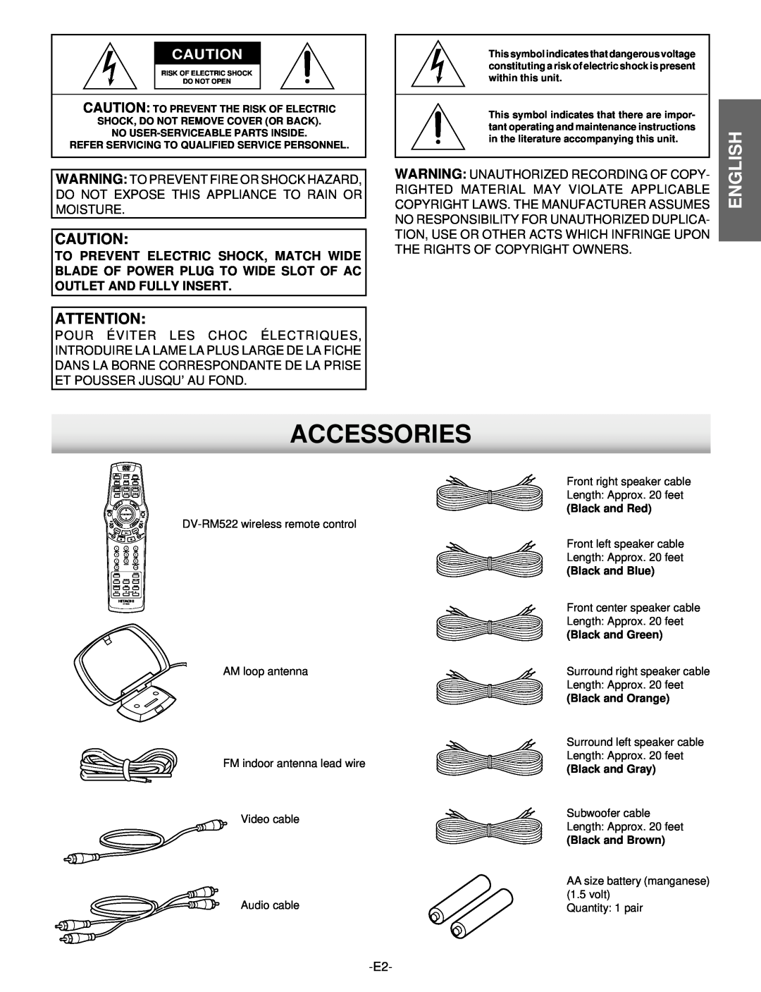 Hitachi DV-S522U instruction manual Accessories, English 