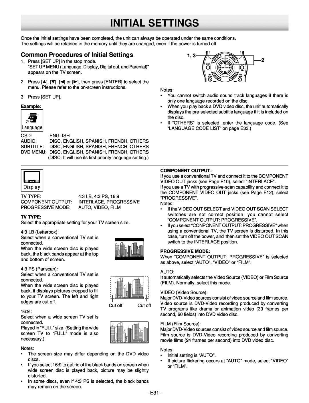Hitachi DV-S522U instruction manual Common Procedures of Initial Settings, Tv Type, Component Output, Progressive Mode 