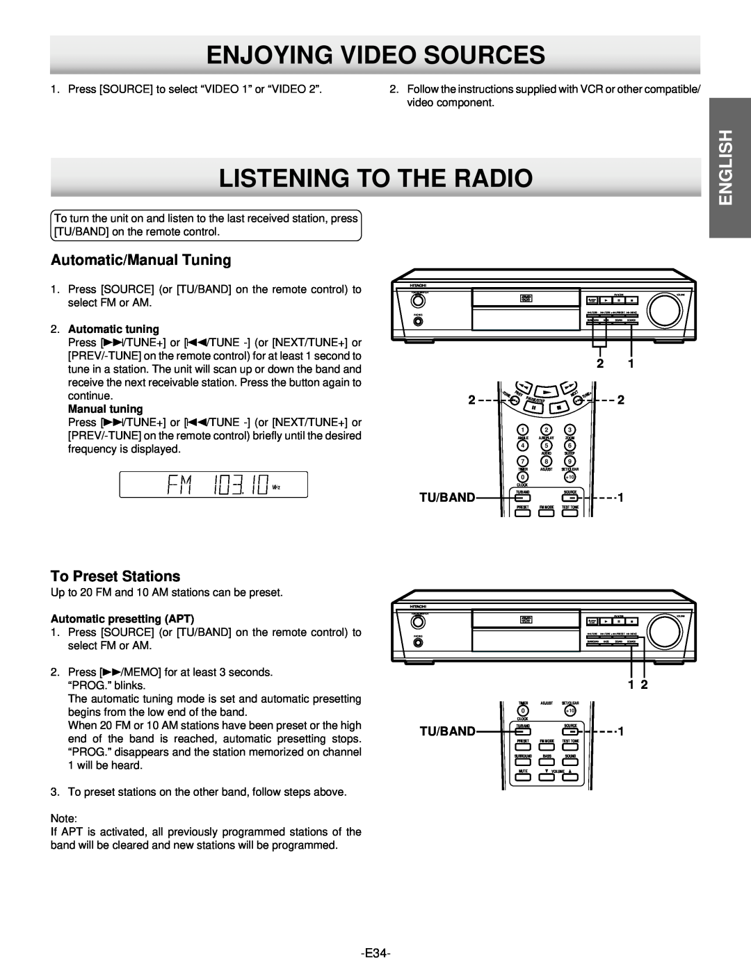Hitachi DV-S522U Enjoying Video Sources, Listening To The Radio, Automatic/Manual Tuning, To Preset Stations, English 