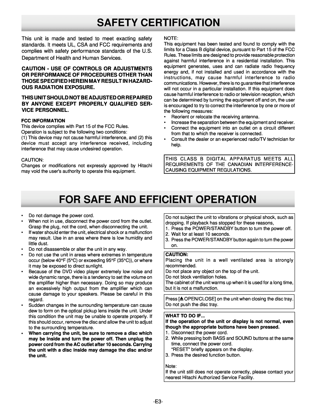 Hitachi DV-S522U instruction manual Safety Certification, For Safe And Efficient Operation 