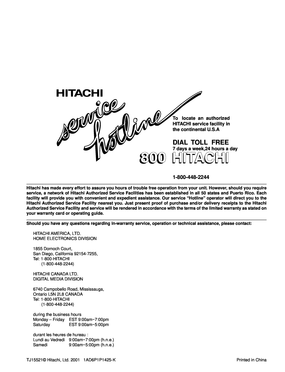Hitachi DV-S522U instruction manual Dial Toll Free, Hitachi 
