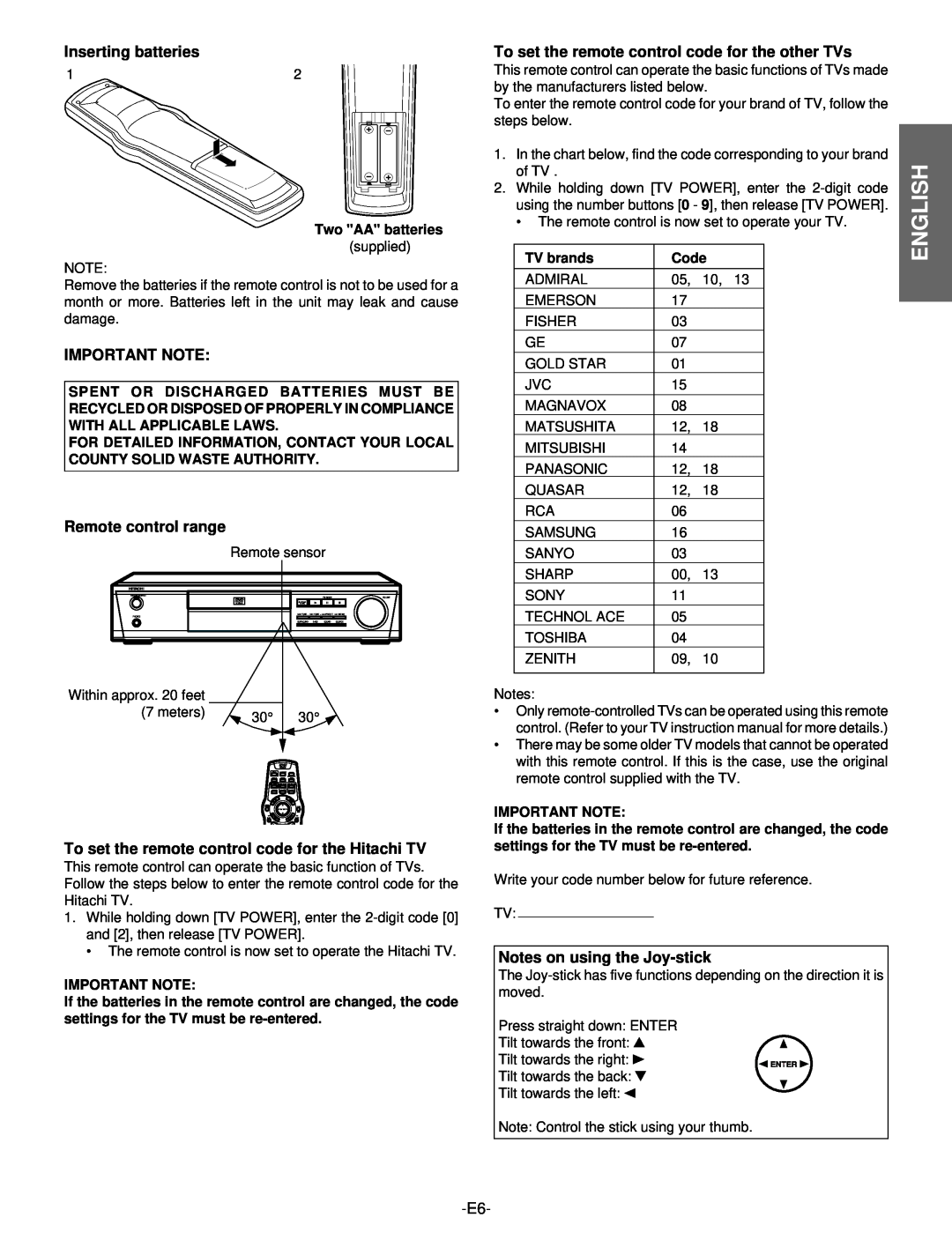 Hitachi DV-S522U instruction manual English, Two AA batteries supplied, Important Note, TV brands, Code 