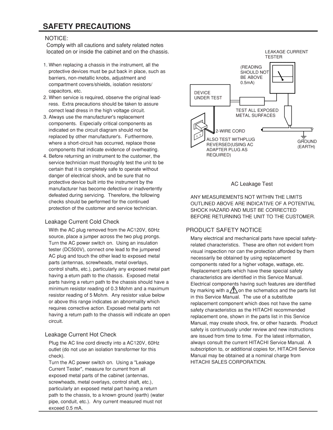 Hitachi DV-W1U specifications Safety Precautions, Hitachi Sales Corporation 