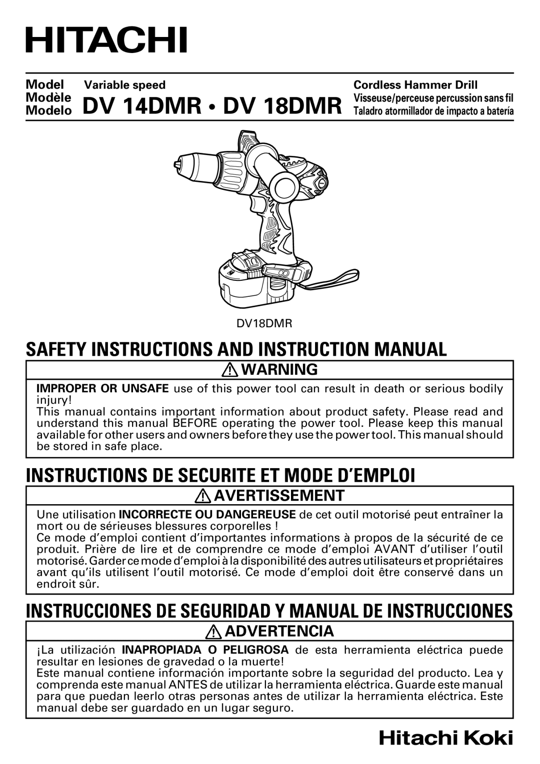 Hitachi DV14DMR, DV18DMR instruction manual Avertissement, Advertencia, Model Variable speed Cordless Hammer Drill 